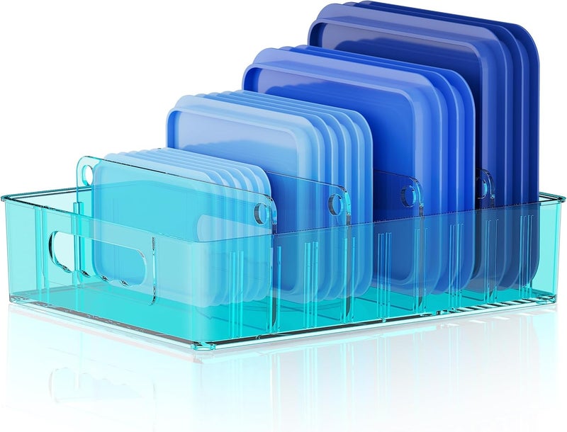LYNG Lid Organizers Inside Cabinet, Clear Plastic Storage Lid Organizer With 4 Adjustable Dividers, Food Container Lid Organizer For Kitchen Pantry Blue - Image 1